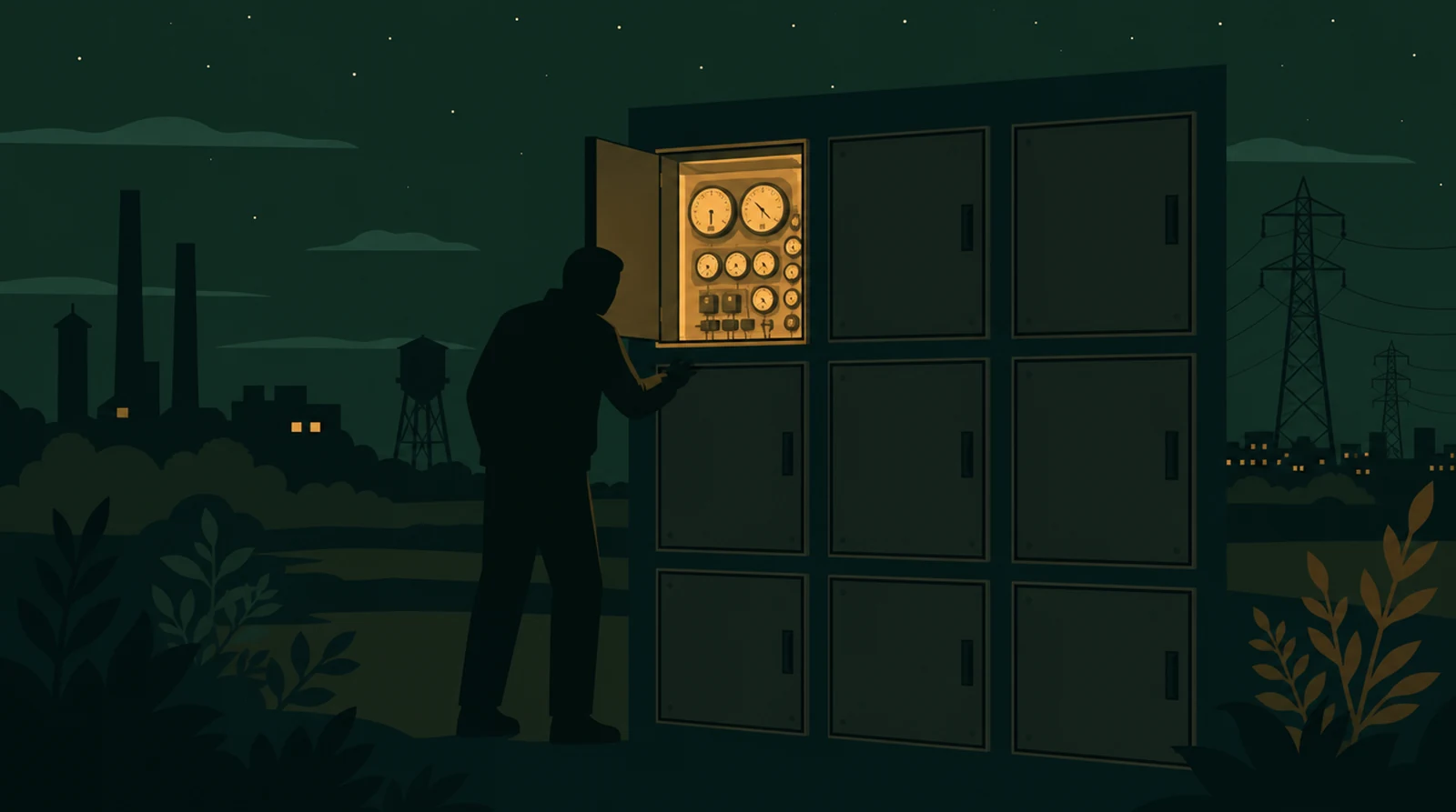 Flat editorial night illustration: A faceless figure opens the sixth panel of a nine-panel ledger wall, that panel denser with meter readings and glowing brighter amber than the other eight.