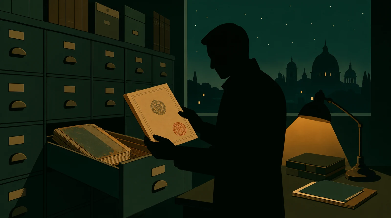 Flat editorial night illustration: A faceless figure lifts a dated ministry document from an archive drawer, an older thinner edition left behind in the drawer, amber lamp, deep green archive stacks.