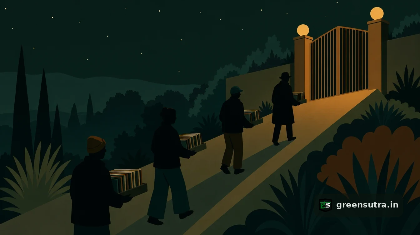 Flat editorial night illustration on cbam verification records: Four faceless figures carry flat trays of stacked records up a broad ramp toward a closed gate at night.