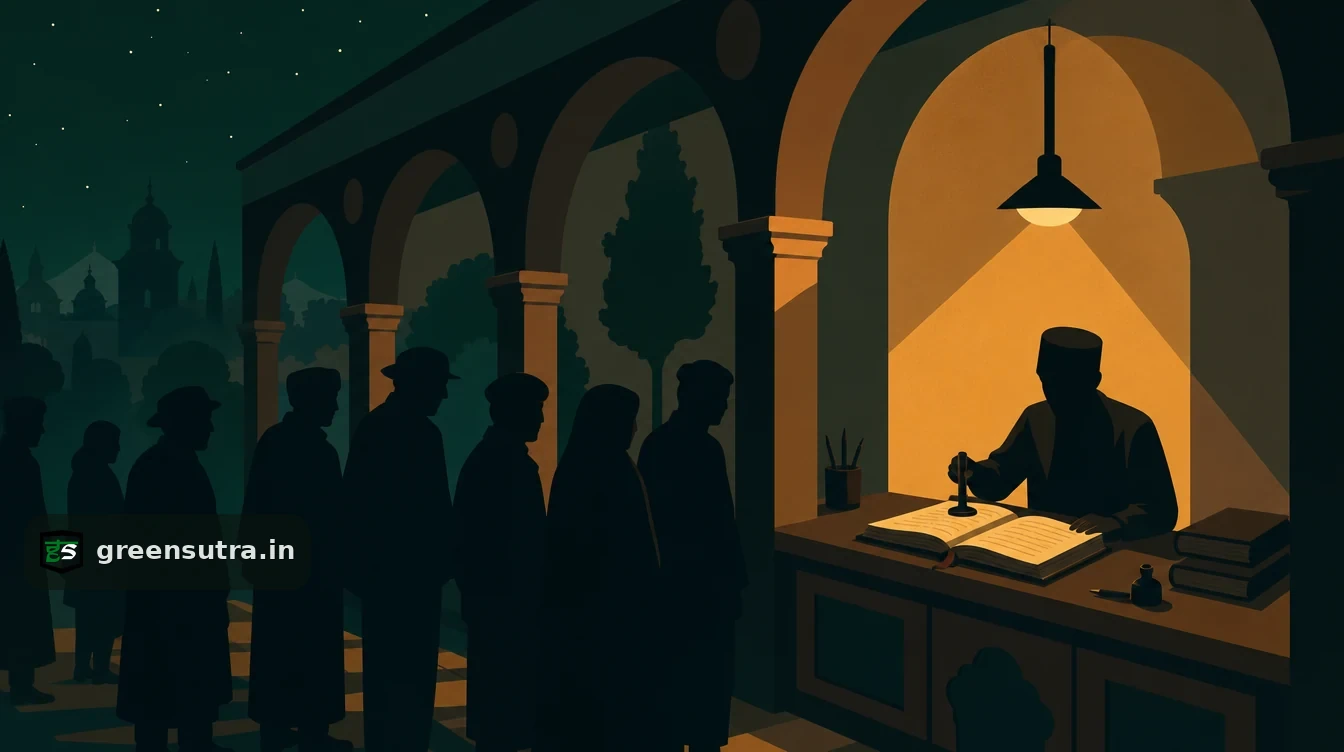 Flat editorial night illustration on sebi esg rating provider: A registry counter under an arched colonnade at night.