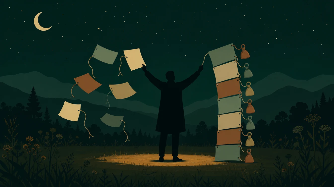 Flat editorial night illustration: A faceless figure stands mid field and lifts one sheet from each of two facing groups. On the left the sheets drift loose, their cords hanging cut and empty.