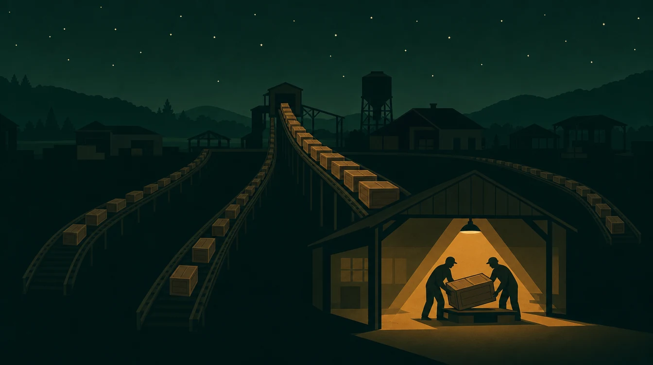 Flat editorial night illustration: A wide open sorting yard where a single elevated track carrying many plain unmarked crates splits into four channels of very unequal width.