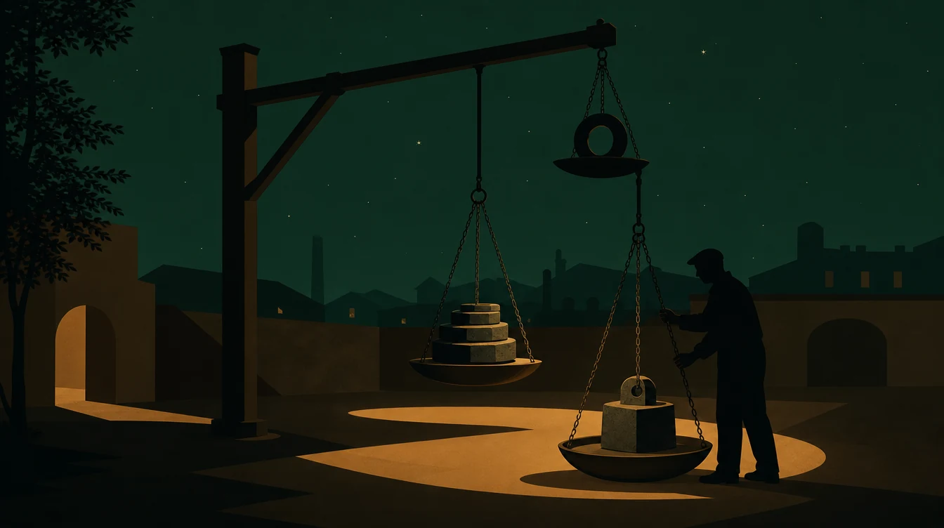 Flat editorial night illustration: A tall armature in a night courtyard suspends three pans from one crossbar at different heights: the highest holds a single hollow ring and hangs in shadow.