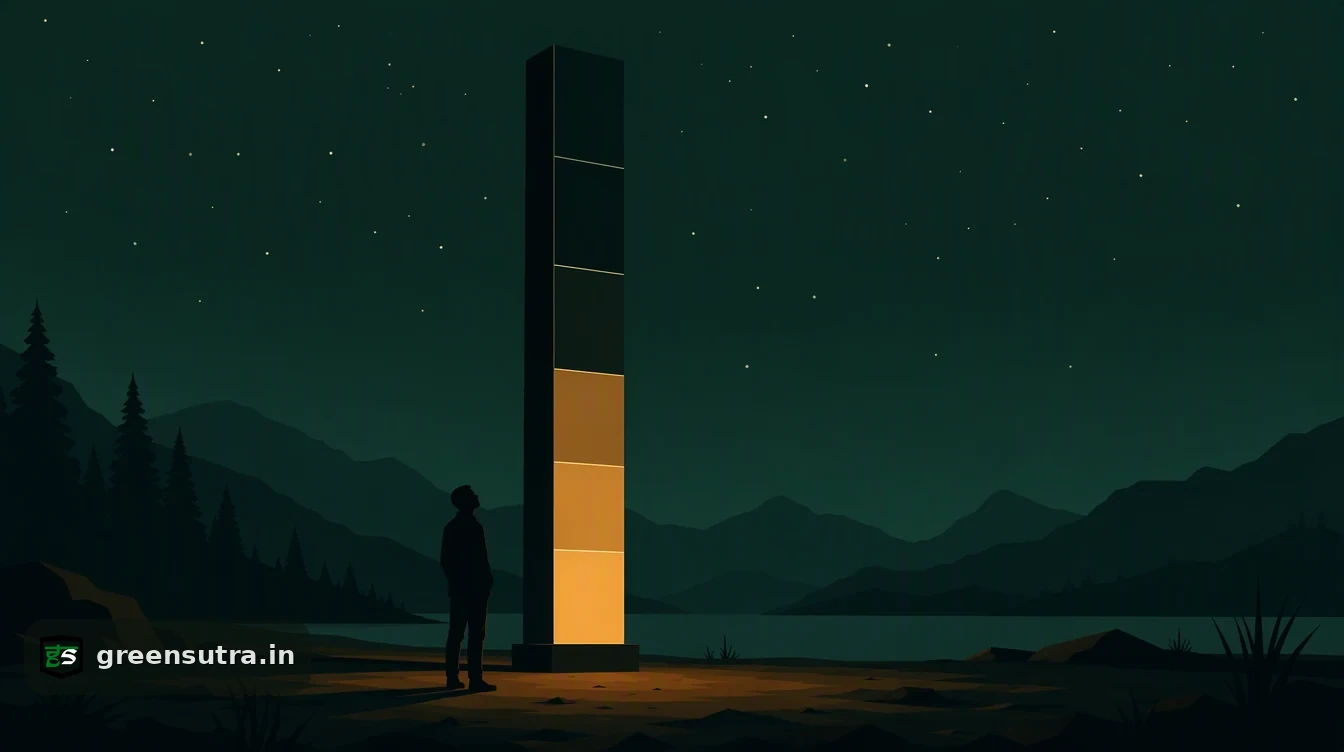 Flat editorial night illustration on sustainalytics esg risk score: A tall vertical gauge column standing on a dark plain, divided into five stacked bands.