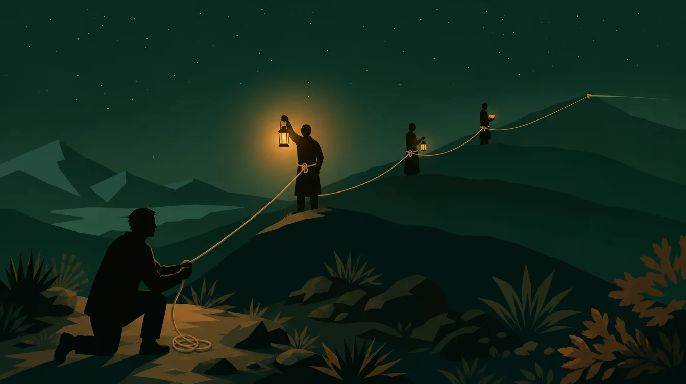 Flat editorial night illustration: A taut cord runs from a kneeling foreground figure's hands across four receding ridgelines, knotted at a faceless figure on each.