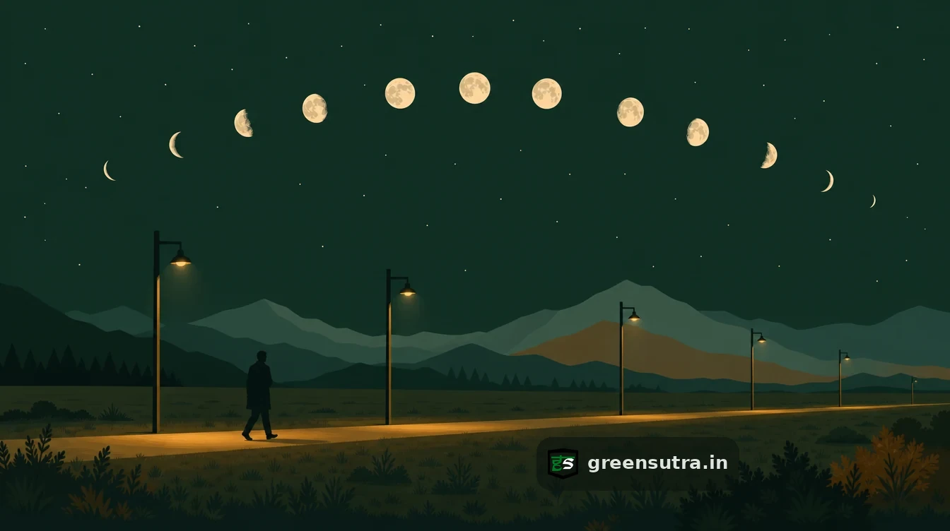 Flat editorial night illustration on verified cbam data timeline: A long horizontal track crosses a dark green plain, marked at intervals by tall slim posts each carrying.