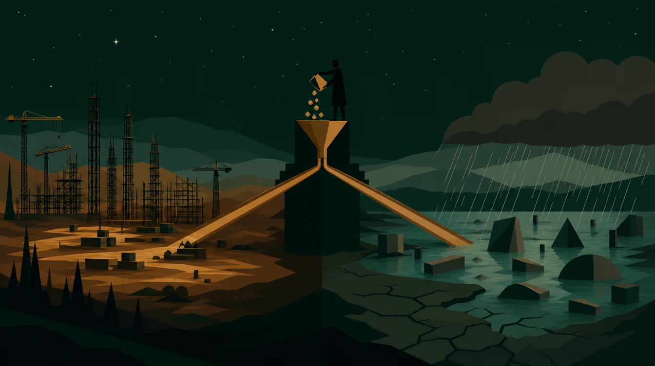 Flat editorial night illustration: A faceless figure on a raised central platform tips small angular tokens into a funnel that splits into two long chutes: one running down to a plain of.
