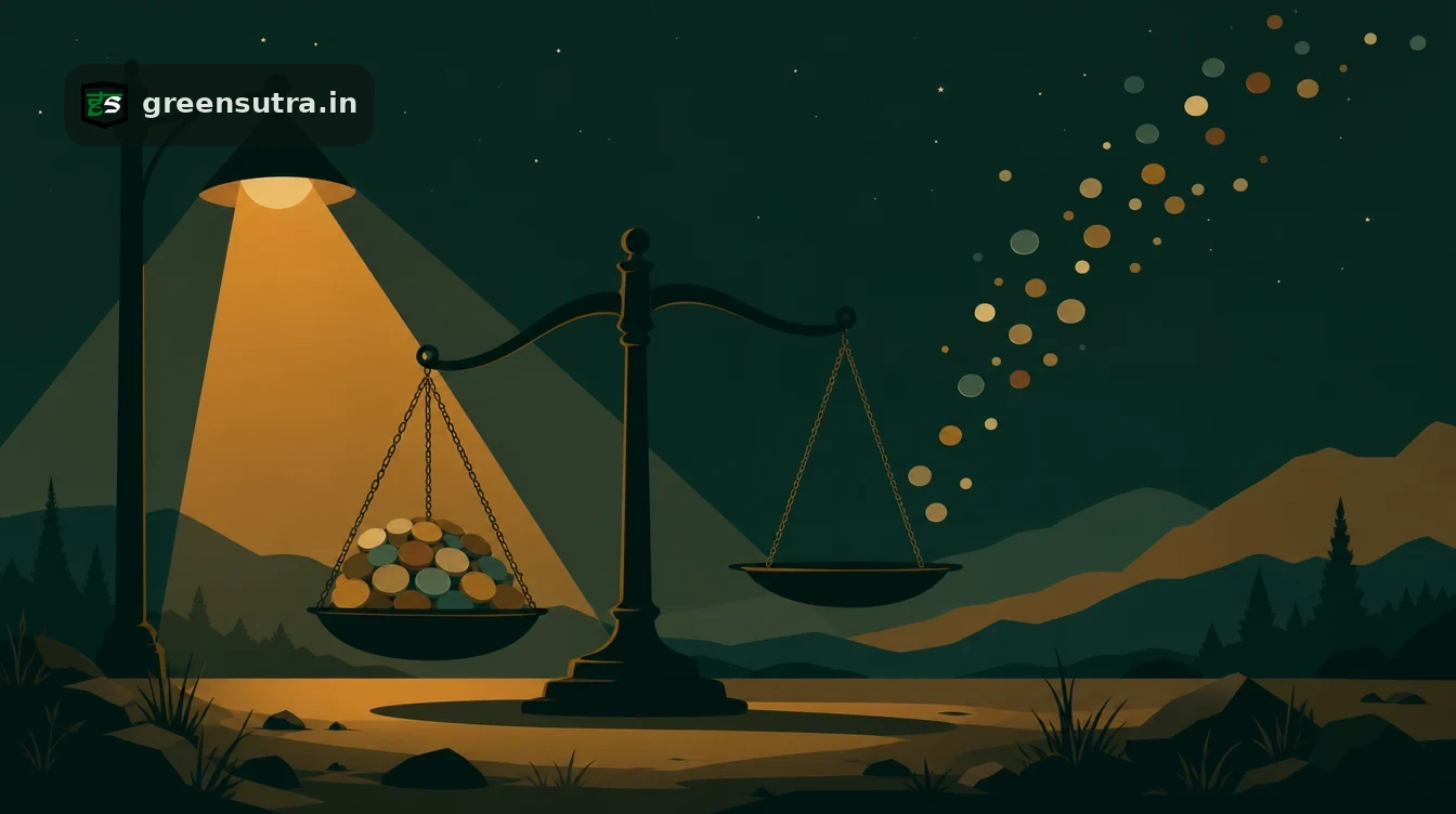 Flat editorial night illustration on turkiye ets cbam deduction: A two-pan balance stands under an amber lamp on a dark plain with one pan conspicuously empty.