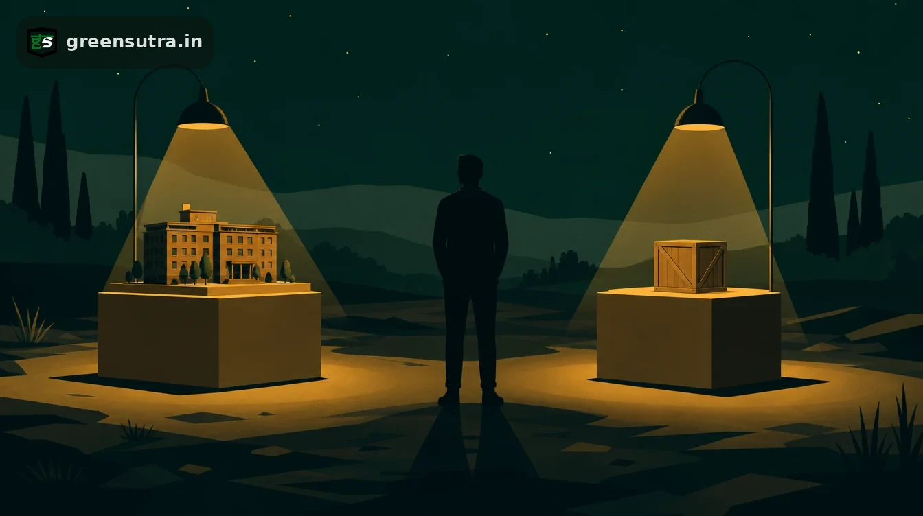 Flat editorial night illustration on uae climate law cbam: Two pedestals stand apart on a dark plain, each under its own amber lamp.