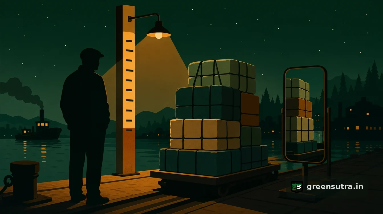 Flat editorial night illustration on uk cbam registration threshold: A rising stack of goods on a dark quay approaches a marked line on a tall upright post lit amber.
