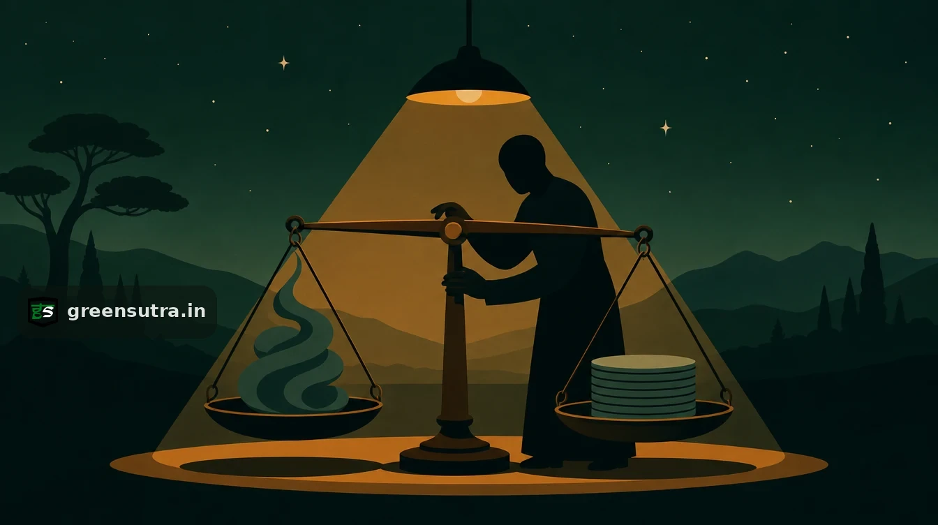 Flat editorial night illustration on uk cbam charge calculation: A two-pan balance stands on a dark plain.