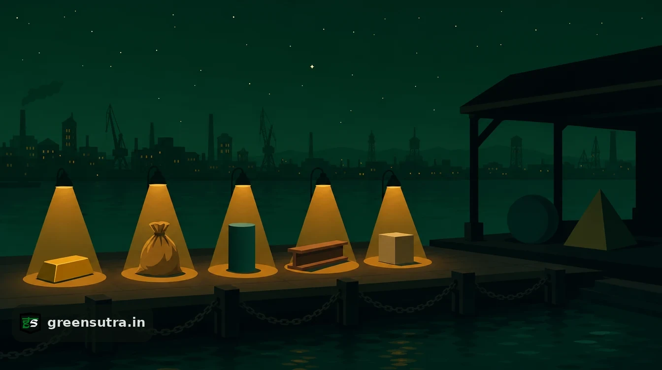 Flat editorial night illustration on uk cbam goods covered: Five distinct material forms stand in a row on a night quay, an ingot, a sack, a cylinder, a beam and a block.