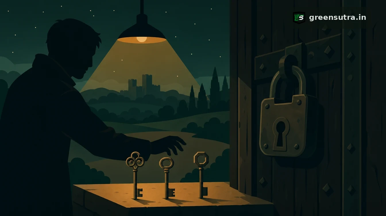 Flat editorial night illustration on uk cbam carbon price relief: Three keys of different shapes stand in a row before one heavy lock set in a dark door.