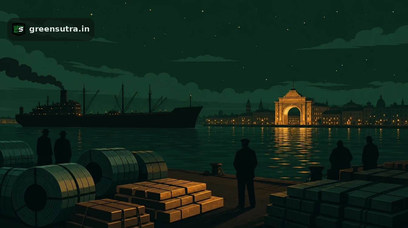 Flat editorial night illustration on us exporter cbam: A wide transatlantic quay at night: coils and ingots stacked in the foreground.
