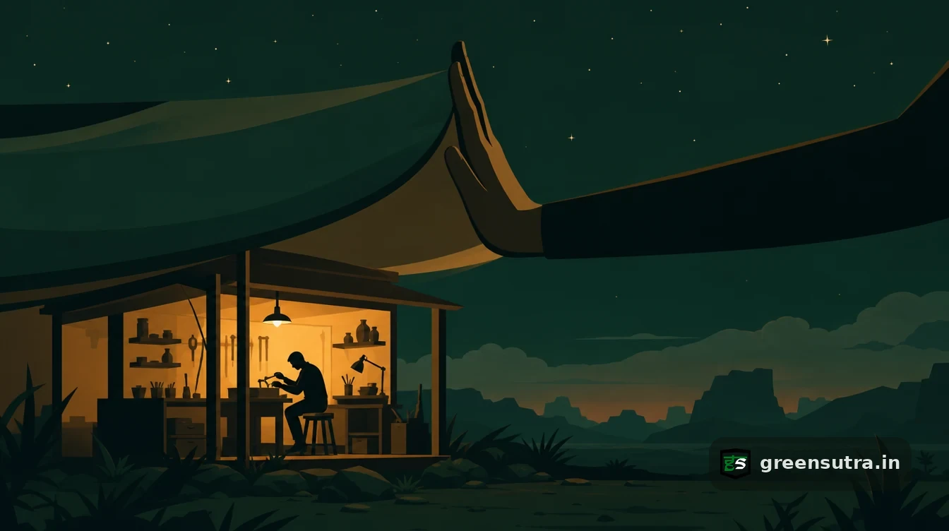 Flat editorial night illustration on vsme value chain cap: A small workshop sits under a broad protective canopy on a dark plain, warm amber light inside it.