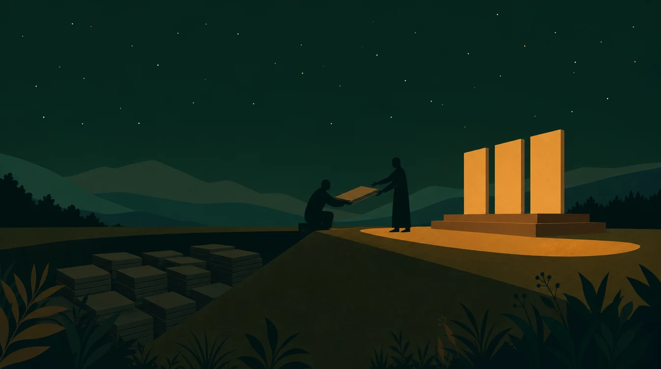 Flat editorial night illustration: A long low threshold ridge crosses a night field. Behind it a sunken pit holds a dense stack of plain unmarked tiles in shadow.