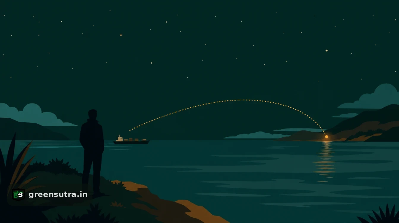 Flat editorial night illustration on does ppwr apply to indian exporters: A long shipping route drawn as a dotted arc between two coastlines.