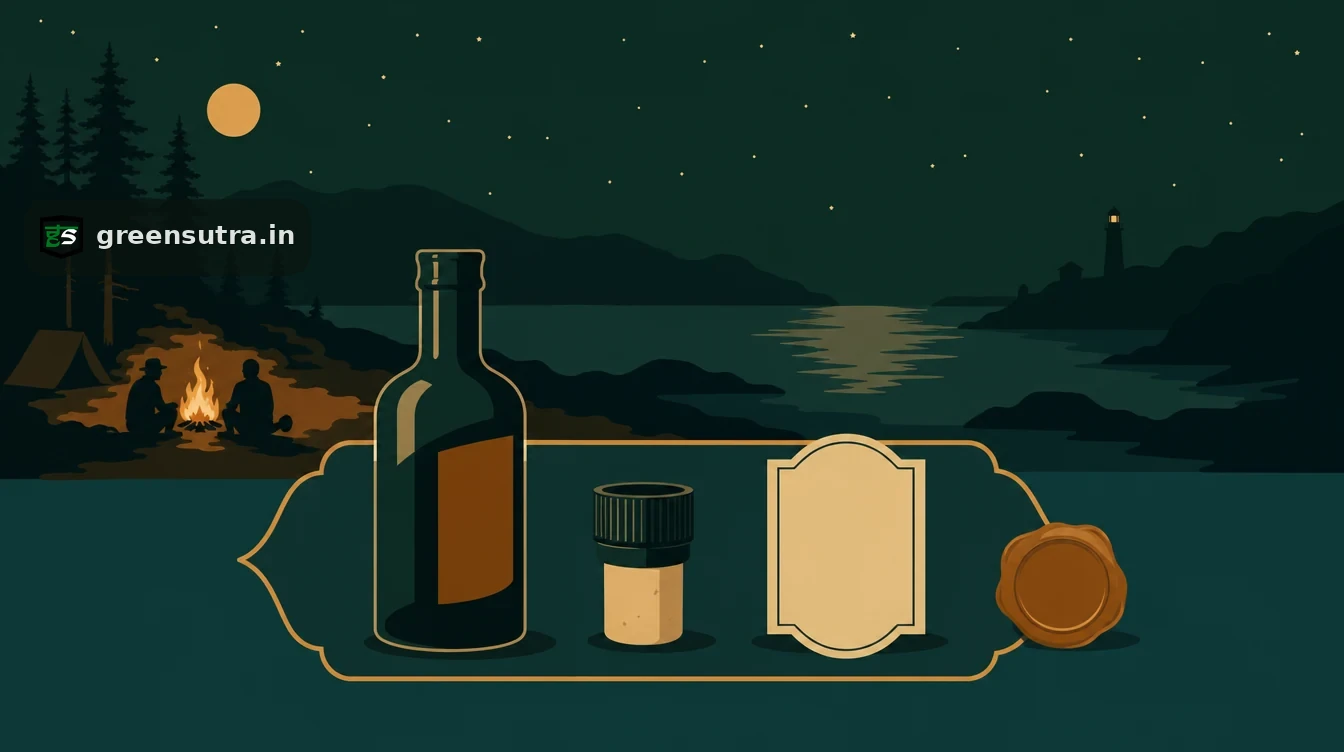 Flat editorial night illustration on ppwr declaration of conformity scope: A bottle, a closure and a label arranged in a row inside a single drawn outline.