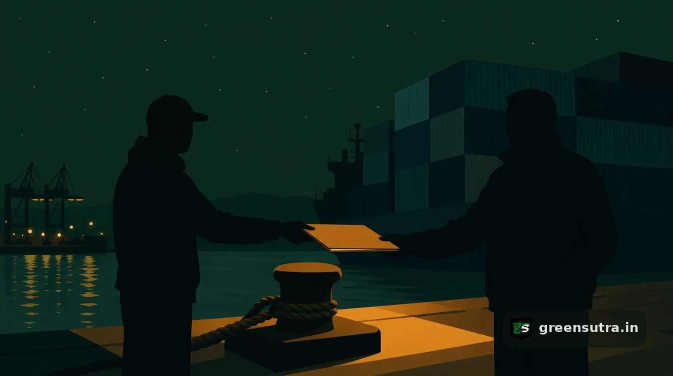 Flat editorial night illustration on ppwr importer obligations: A dockside handover at night, two faceless figures exchanging a slim folder across a low bollard.