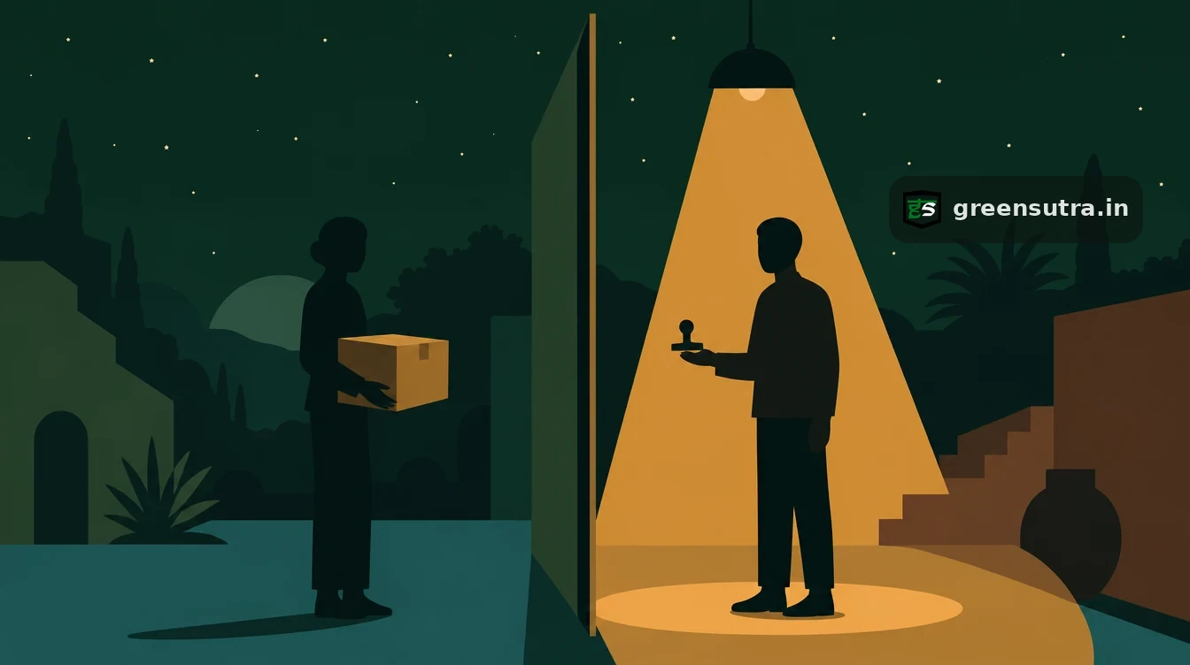 Flat editorial night illustration on ppwr manufacturer of branded packaging: Two faceless figures either side of a tall vertical rule.