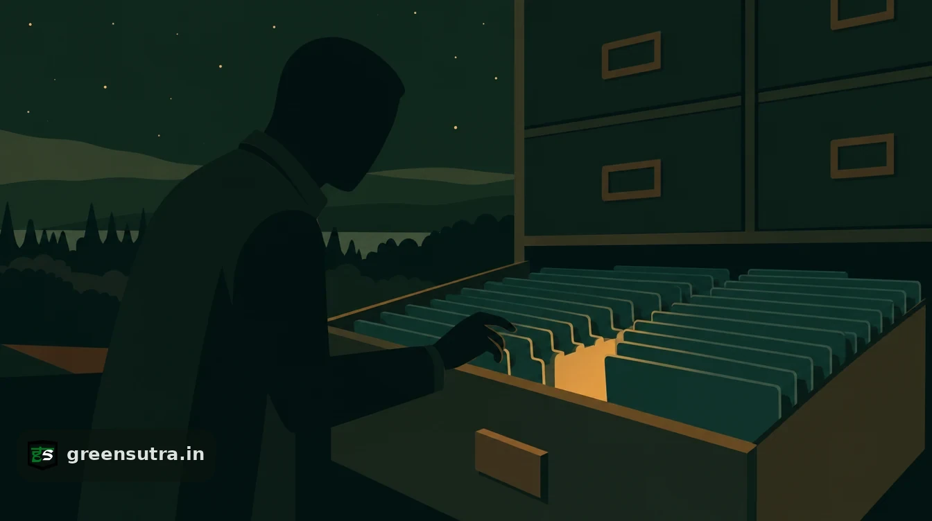 Flat editorial night illustration on ppwr missing supplier information: A faceless figure at a filing drawer with one folder missing from the run, the gap lit by a warm amber glow.