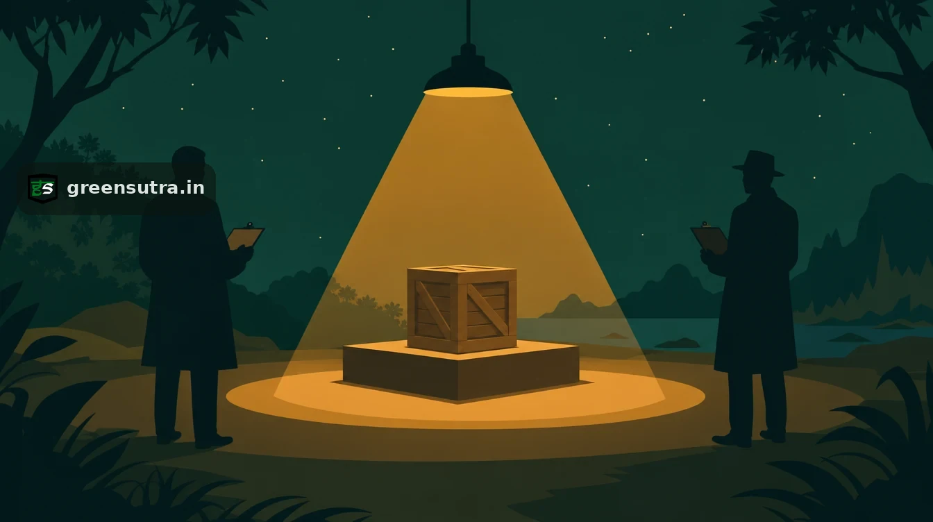Flat editorial night illustration on ppwr non-compliant packaging: A single crate on a low plinth under a warm amber spotlight.