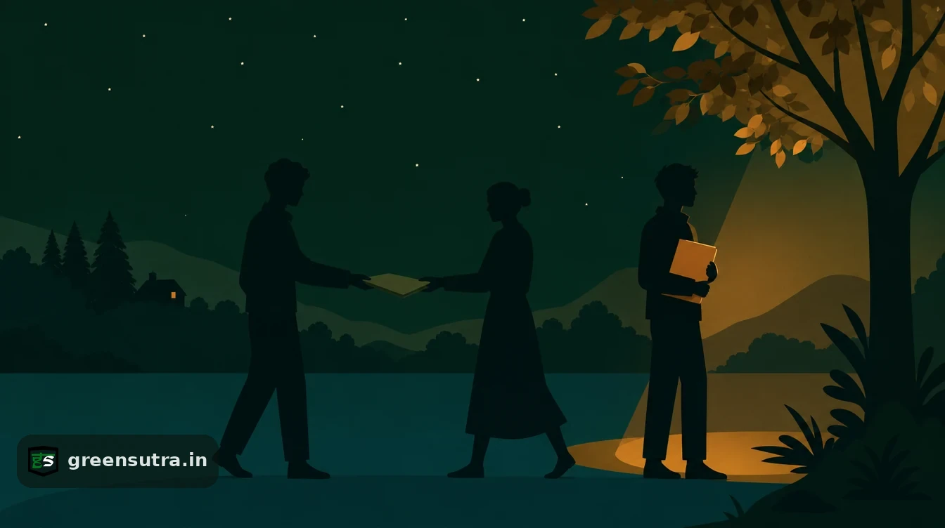 Flat editorial night illustration on ppwr obligations delegated: Three faceless figures passing a slim folder along a line.