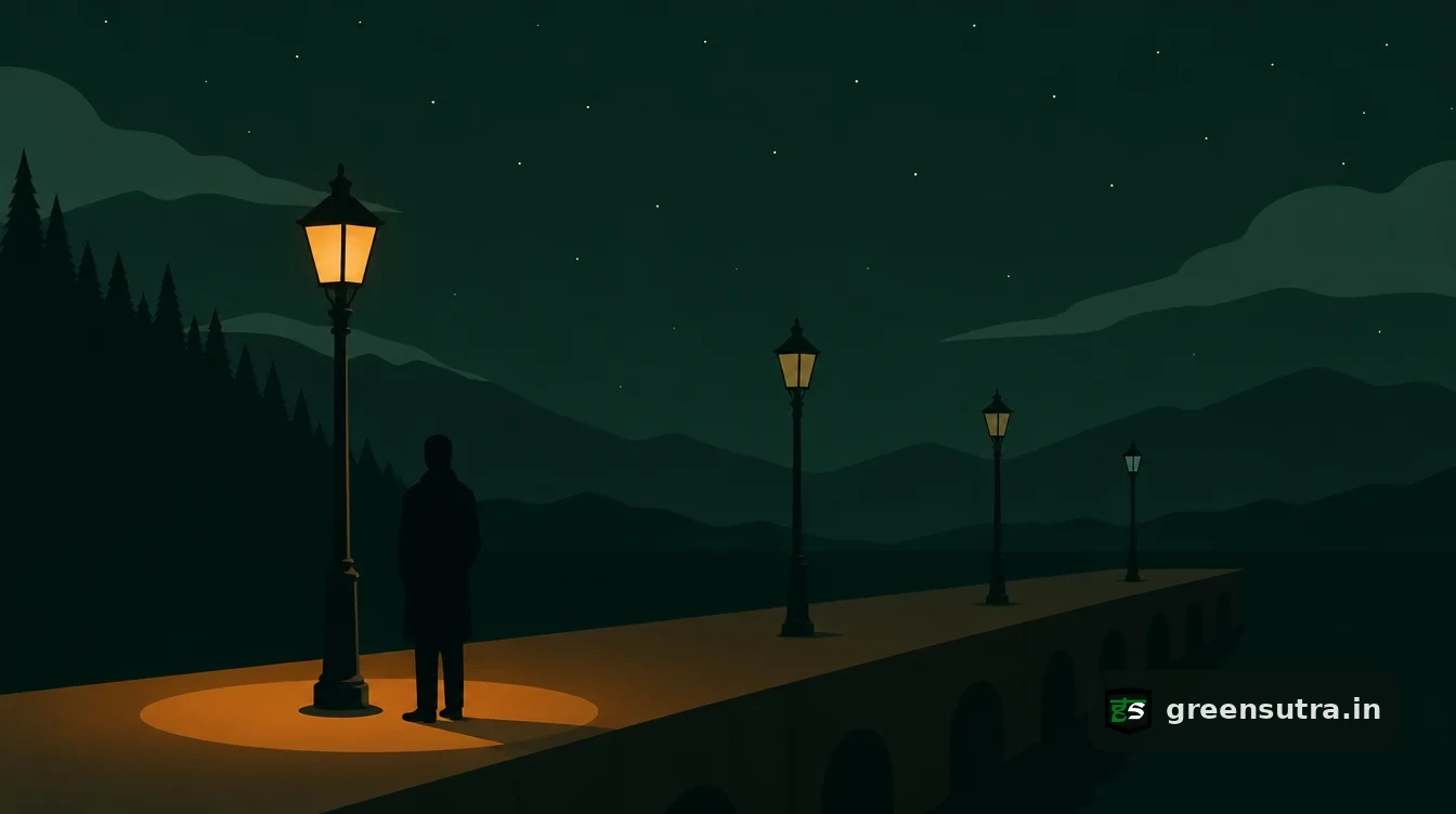 Flat editorial night illustration on ppwr obligations timeline: A long low platform receding into darkness with four lamps at uneven intervals.