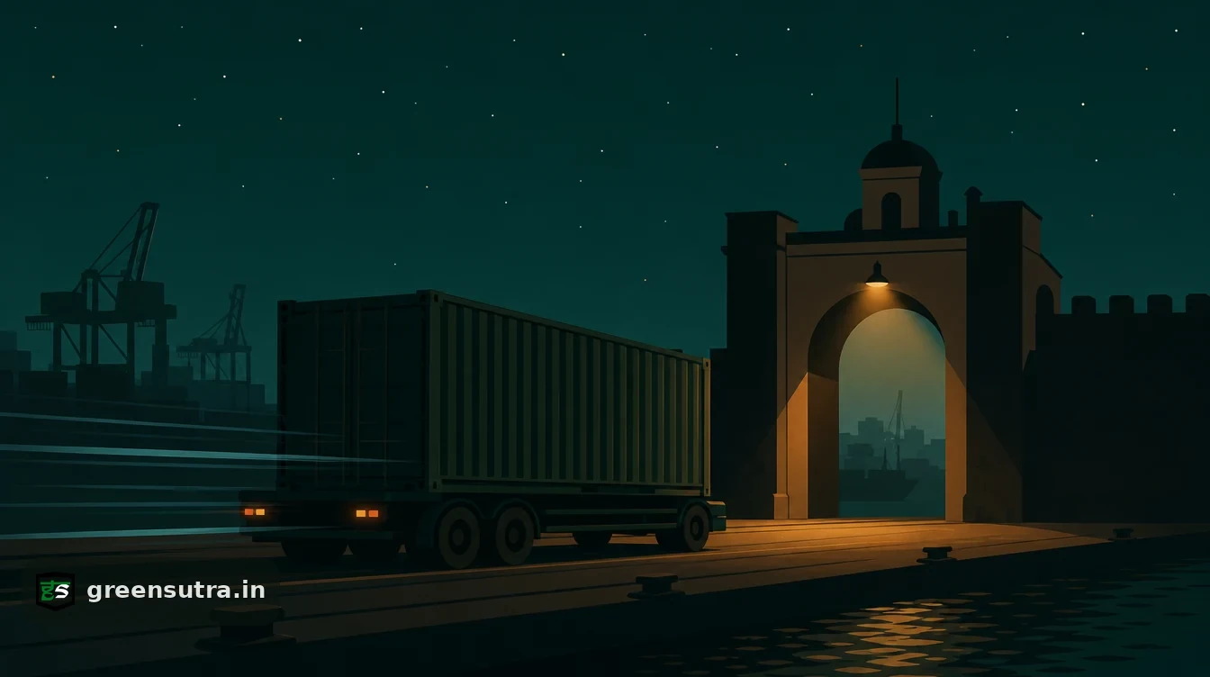 Flat editorial night illustration on ppwr packaging in transit: A container moving along a dark quay past a lit gate arch without stopping, motion lines in cool slate.