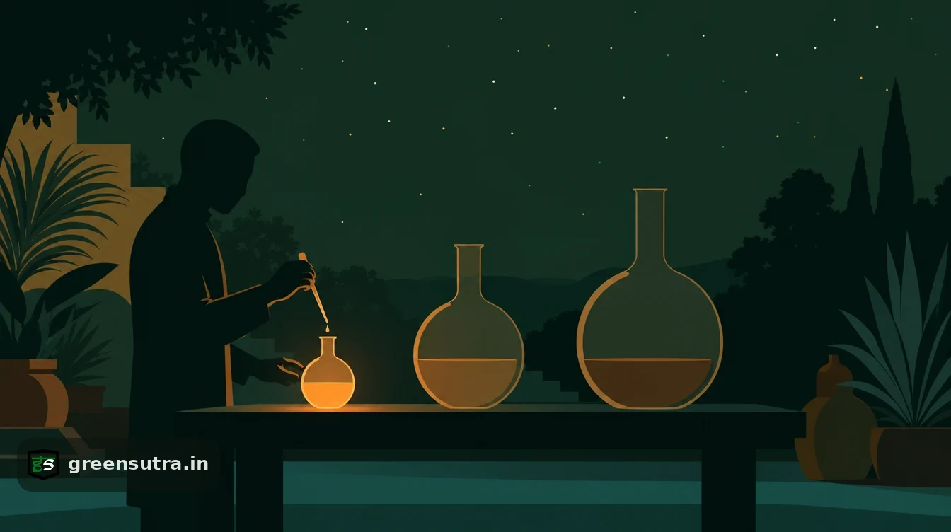 Flat editorial night illustration on ppwr pfas food-contact packaging: Three graduated vessels of increasing size on a dark bench, the smallest lit brightest in warm amber.