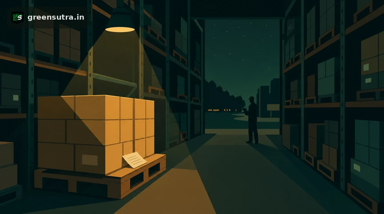 Flat editorial night illustration on ppwr stock before 12 august 2026: A warehouse aisle at night, stacked cartons in deep teal and slate.
