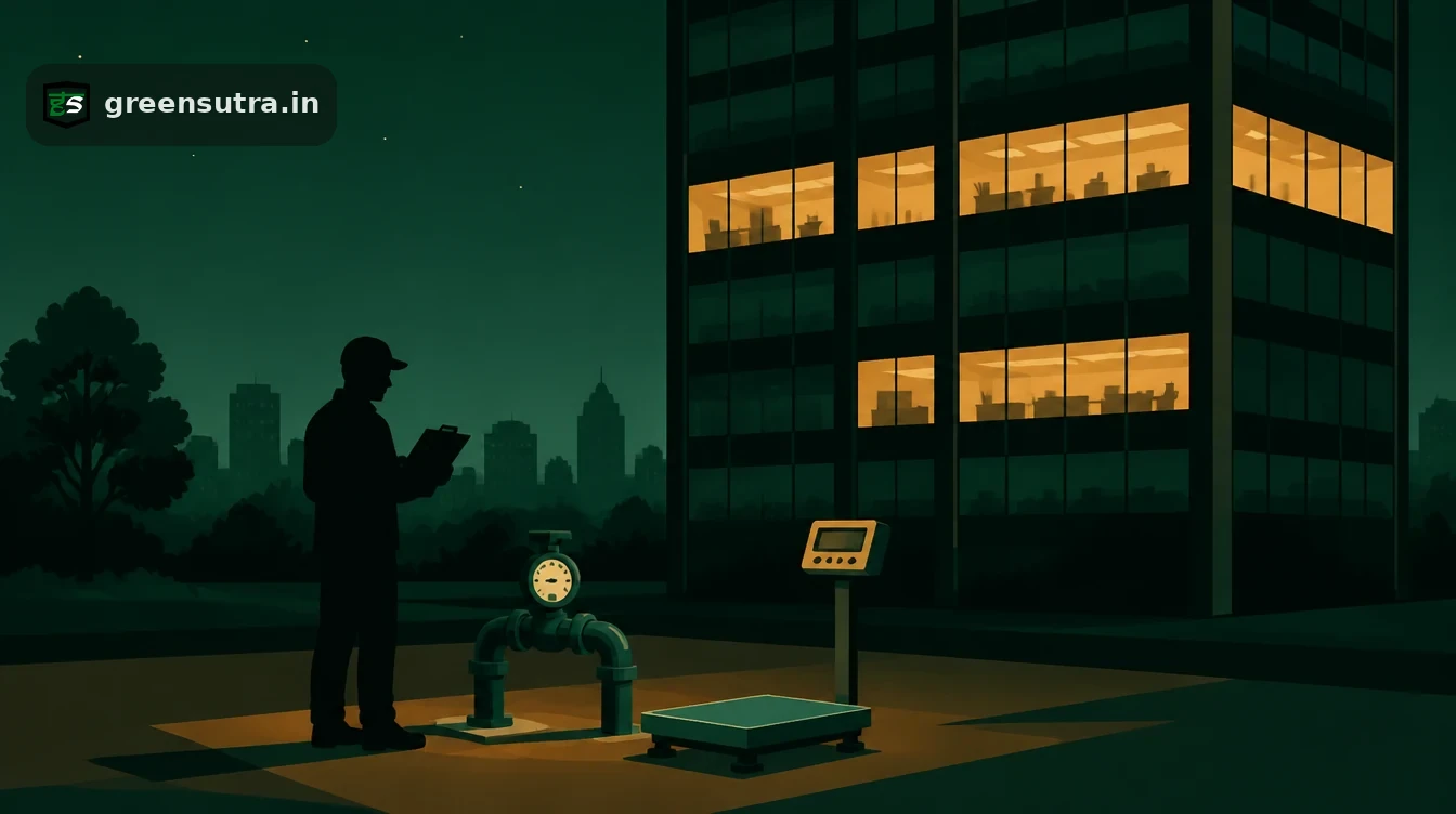 Office block at night with a water meter and a weighing scale in front, the three bulk waste generator tests