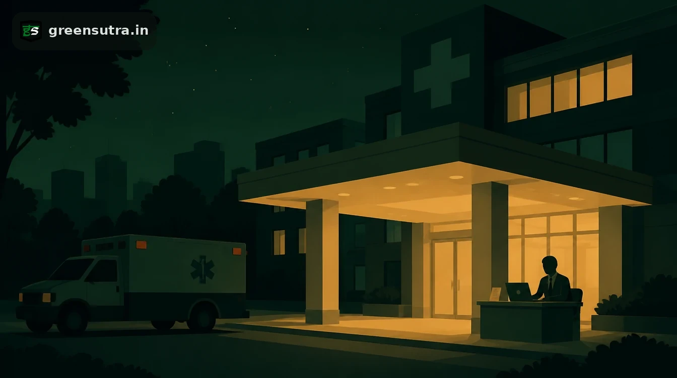 Hospital entrance at night with an administrator at a laptop, registering on the CPCB portal