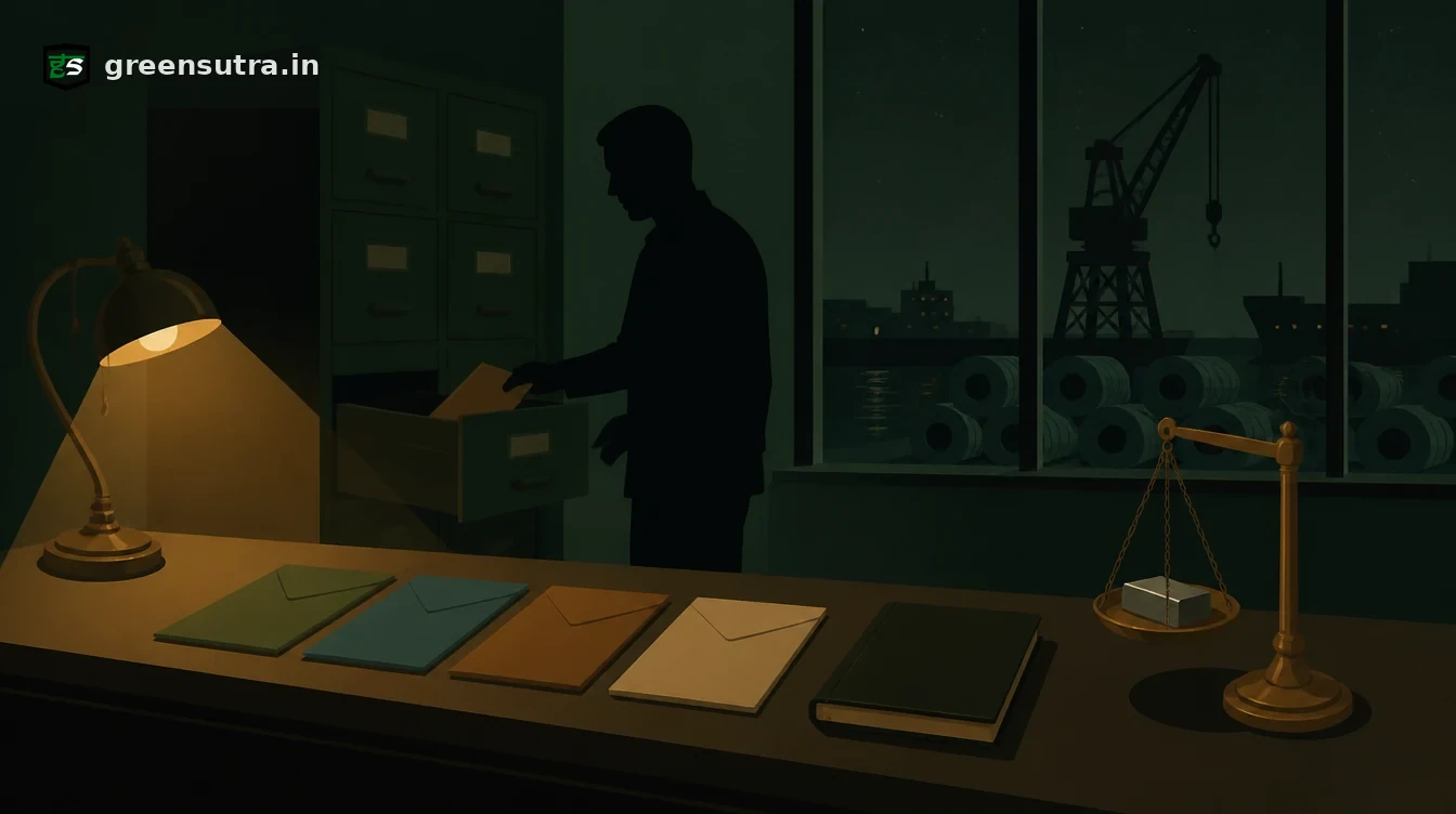 CBAM annual declaration: a clerk files one of four sealed folders beside a brass scale holding a steel bar, a port with steel coils outside the window