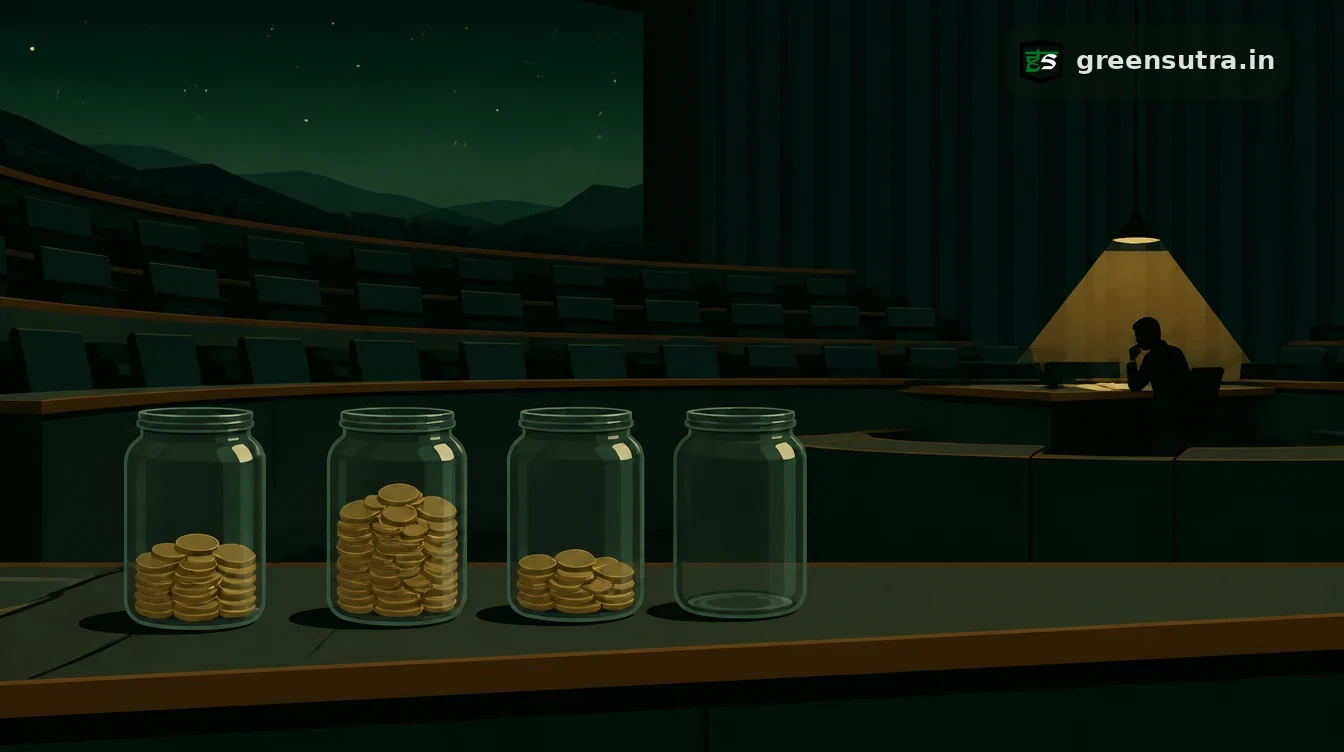 Four glass jars on the desk of an empty auction hall, three holding coins at different levels and one empty, for the 2026 quarterly CBAM certificate price
