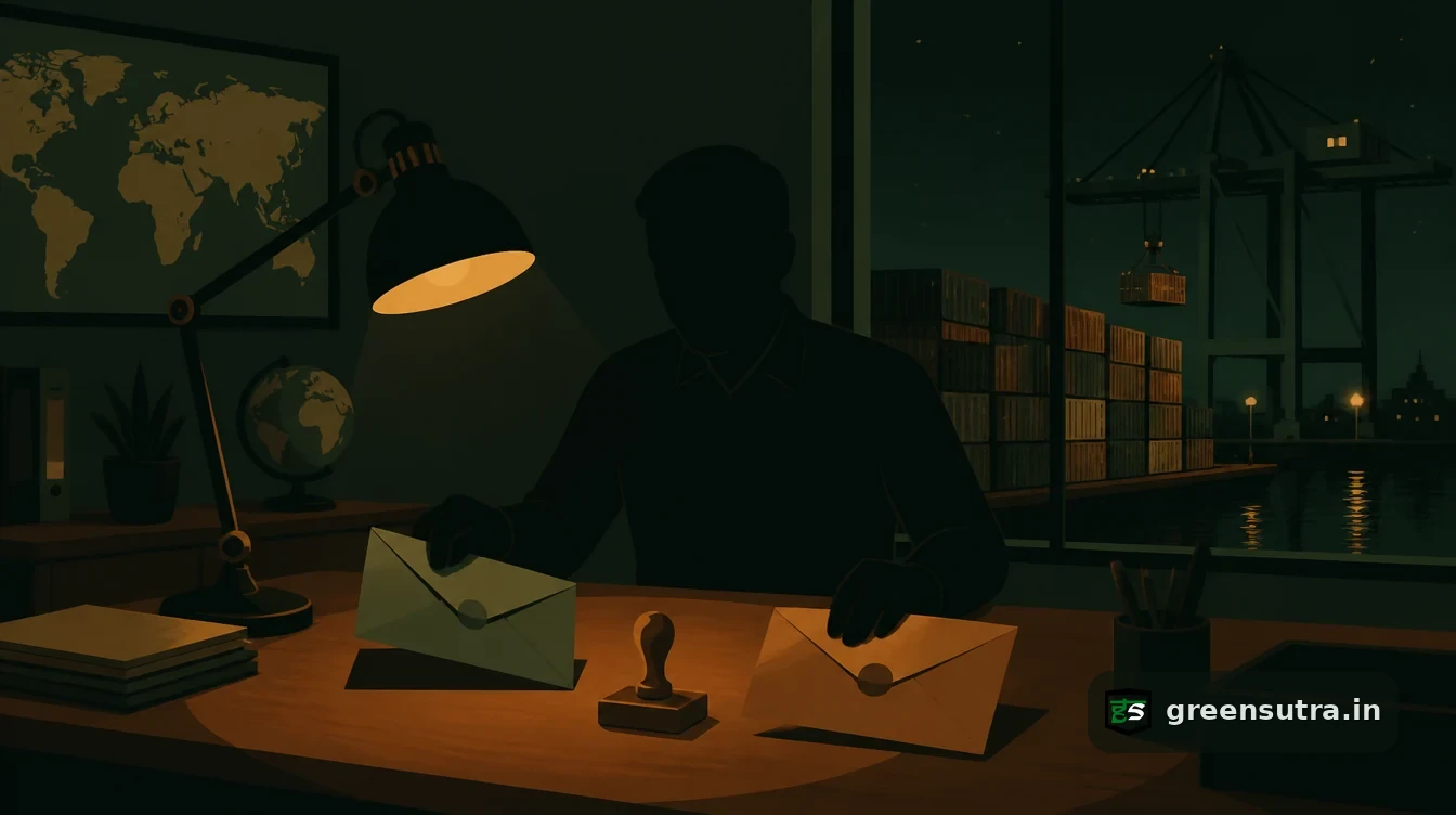 Customs broker at a desk in a port office sorting two sealed envelopes beside a rubber stamp, for whether a broker can be an importer's authorised CBAM declarant