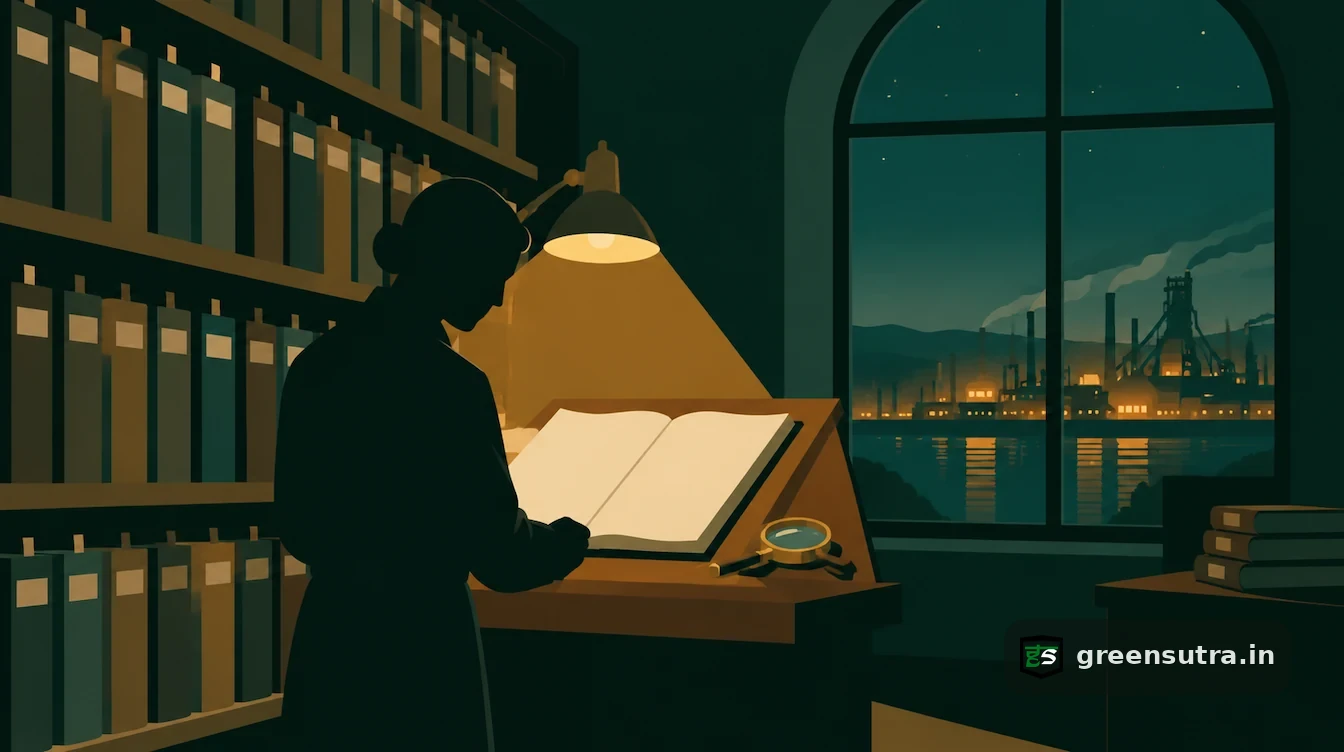 Archivist reading a blank ledger beside a magnifying glass, a steelworks across the water, for CBAM default values and where they are published