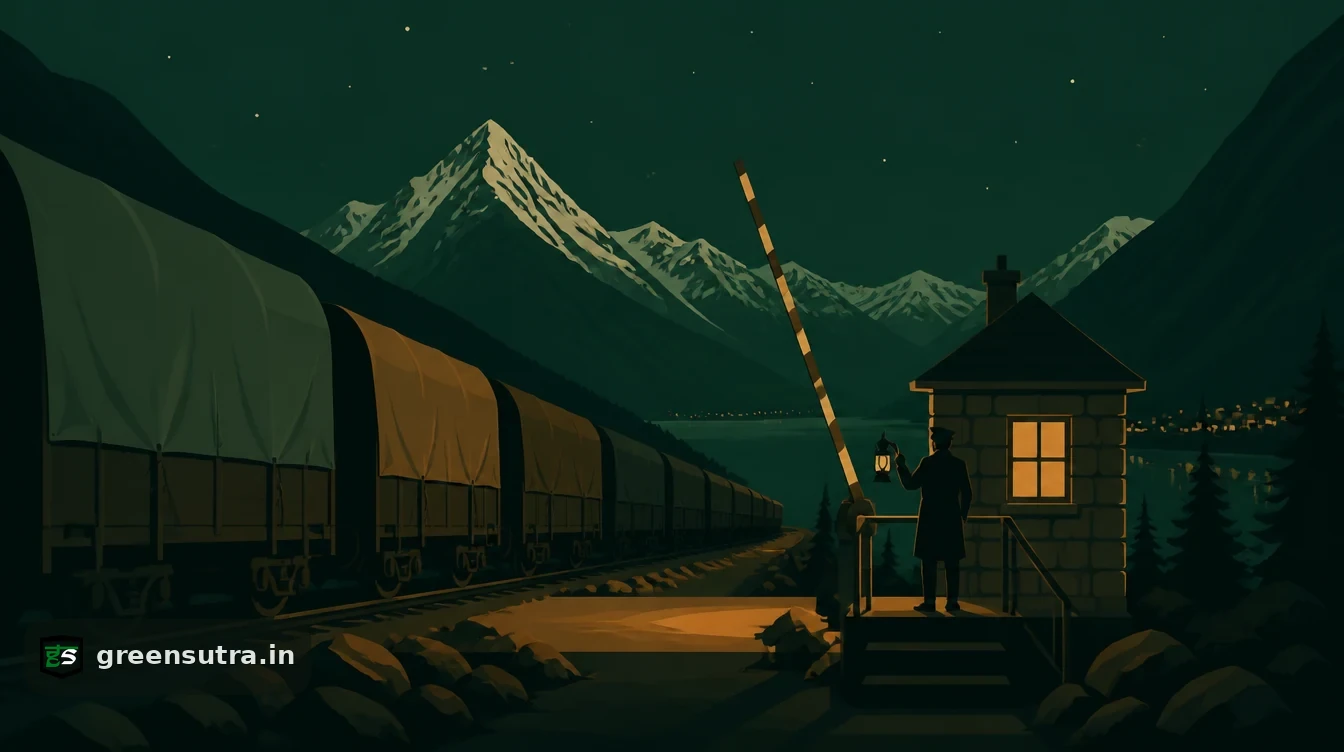 CBAM exemptions: a freight train passes a signal hut and raised barrier at a mountain border crossing