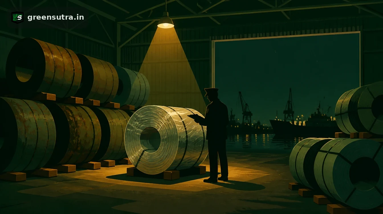 Customs officer checking a freshly wrapped steel coil beside older weathered coils in a bonded warehouse, for goods made in 2025 and imported in 2026 under CBAM