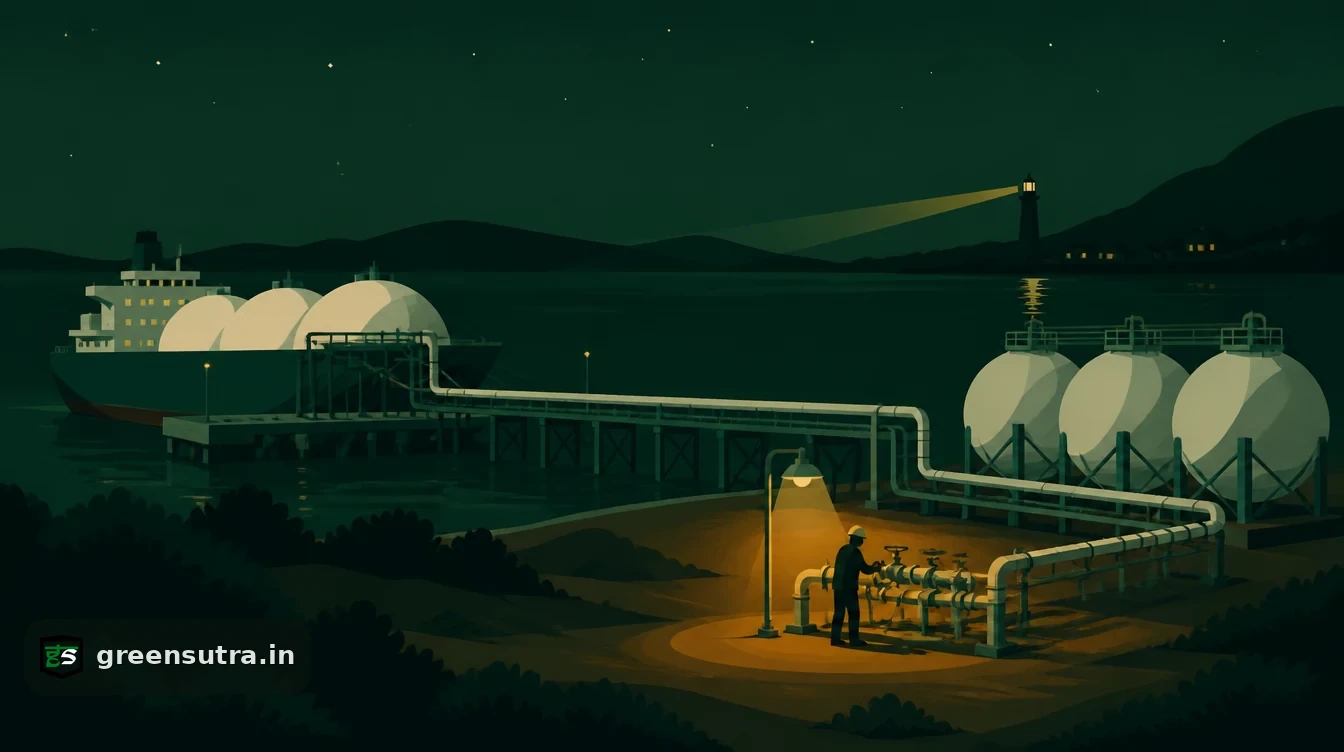 CBAM hydrogen imports: a gas carrier moored beside spherical storage tanks while an engineer checks the valve station