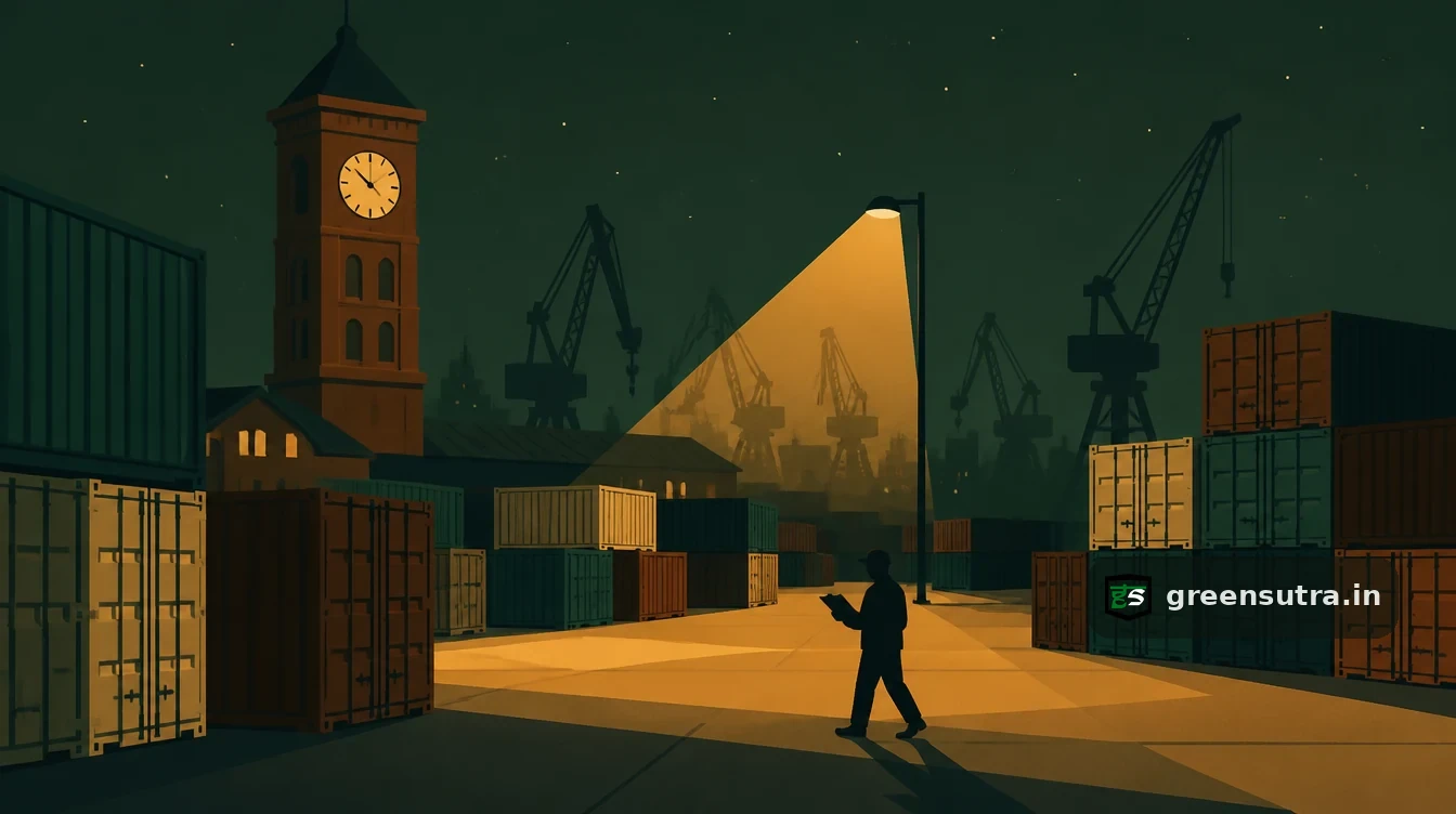 Clerk with a clipboard crossing a container port below a clock tower, the CBAM deadlines EU importers face in 2026 and 2027