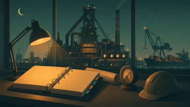 CBAM monitoring plan: an open ring binder with tabbed sections on an engineer's desk, in front of a steel plant and a container port at night.