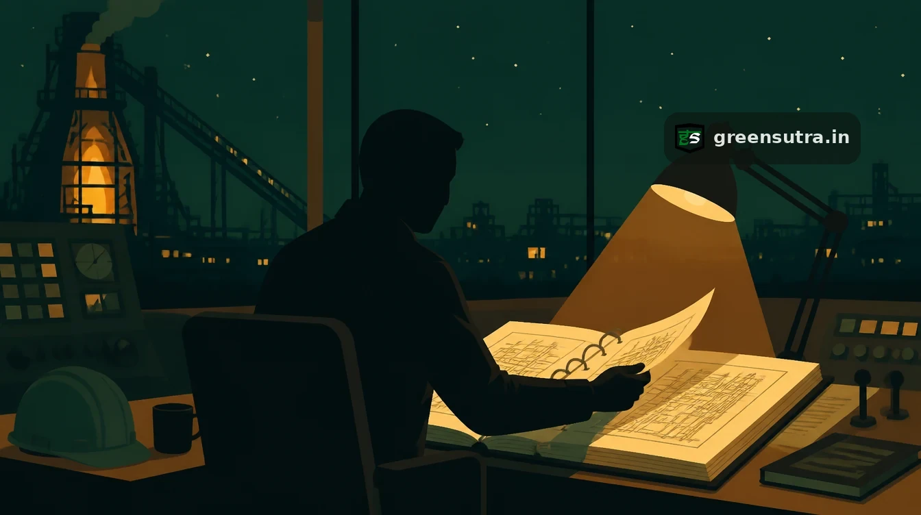 Engineer reading a thick CBAM monitoring plan under a desk lamp in a steel plant control room