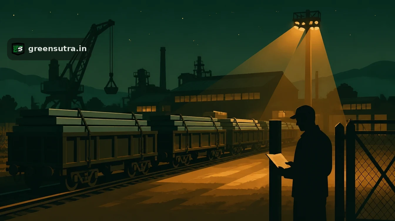 Rail wagons of steel slabs arriving at a rolling mill while a clerk checks the docket, CBAM precursors