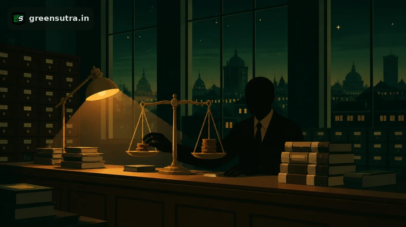 Official weighing stacks of tokens on a brass balance in an administrative hall, standing for CBAM penalties per missing certificate