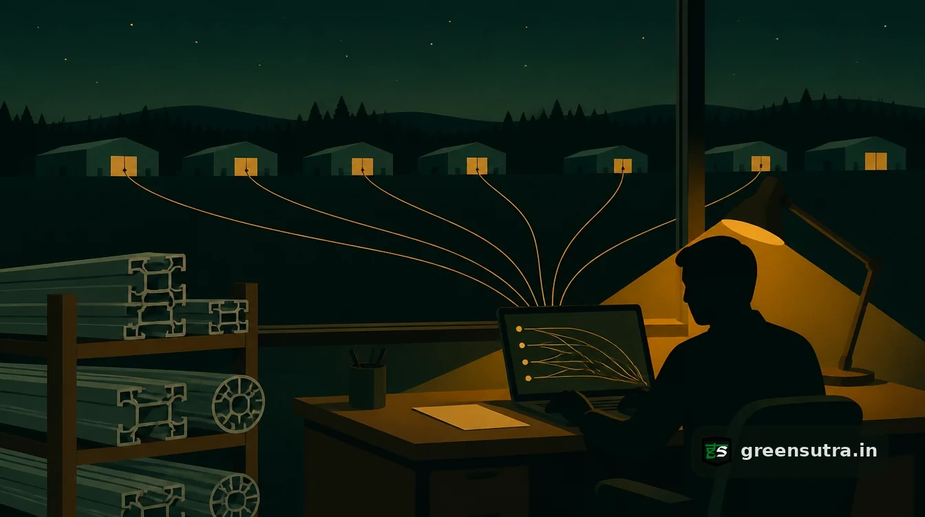 Operator at a laptop in an aluminium plant, with lines of light running to distant warehouses, the CBAM Registry