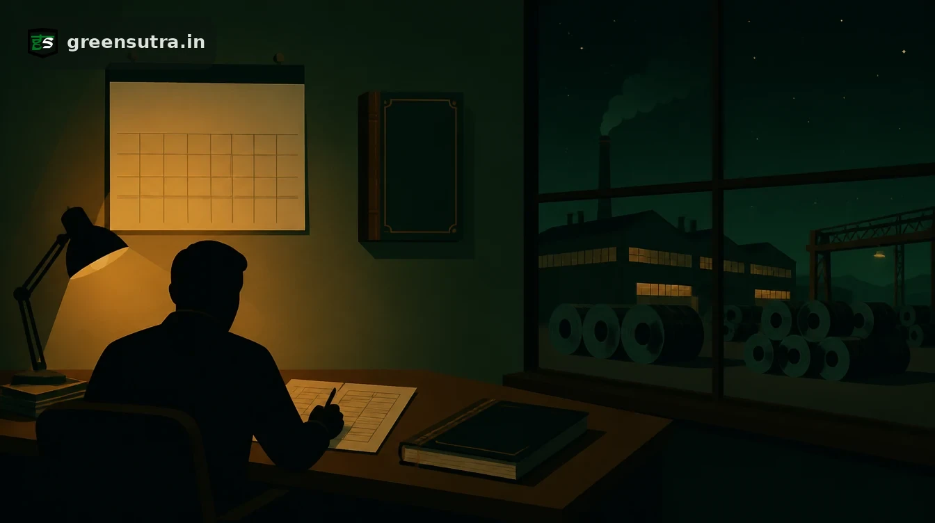 Mill office at night with a calendar and a ledger on the wall and steel coils outside, the CBAM reporting period