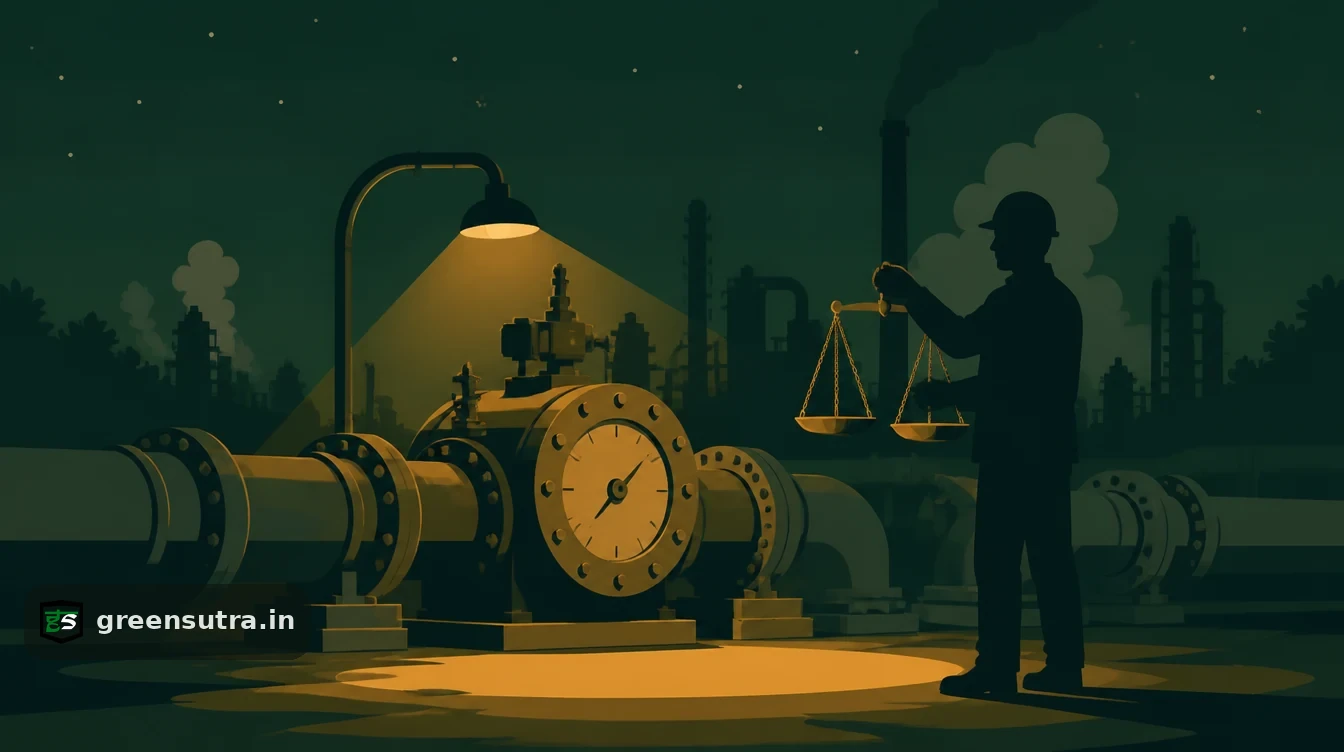 Engineer holding a balance scale beside a gas flow meter on a pipeline, the CBAM unreasonable costs test