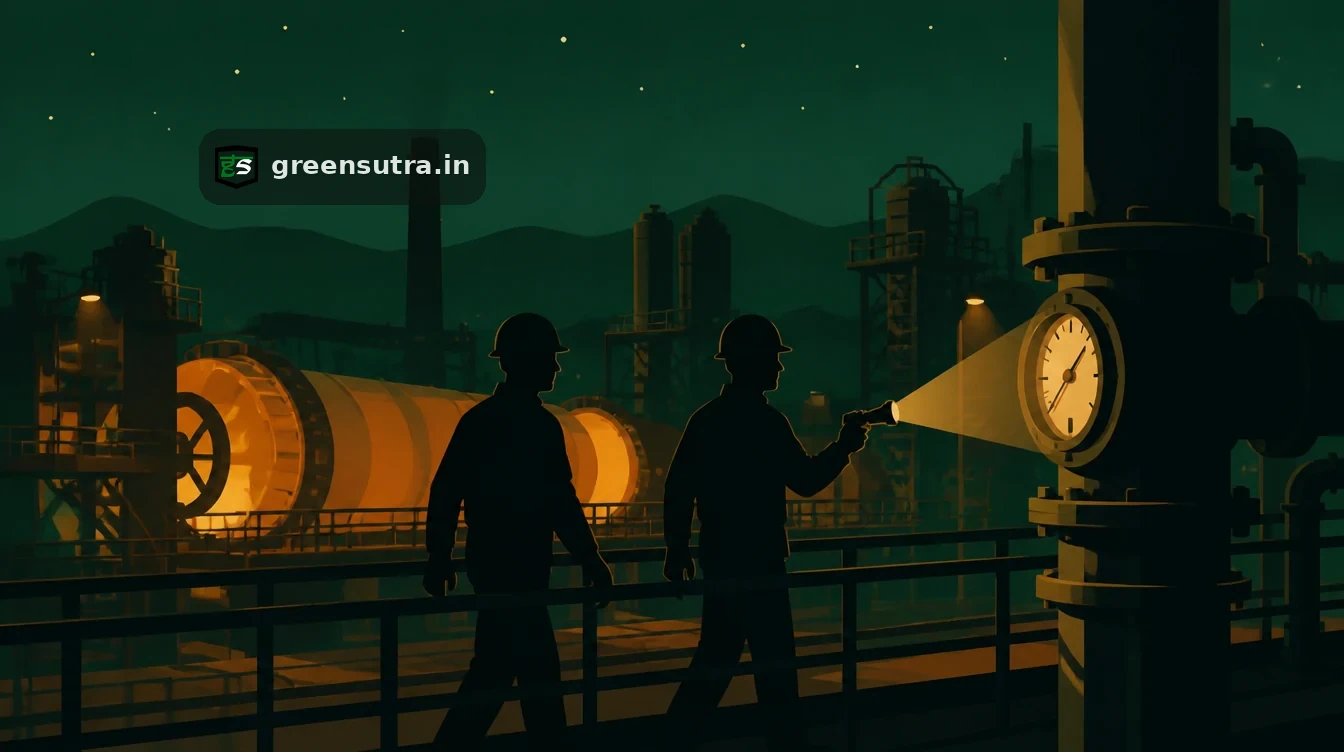 Two people in hard hats on a cement plant gantry, one shining a torch on a meter, a CBAM verifier site visit