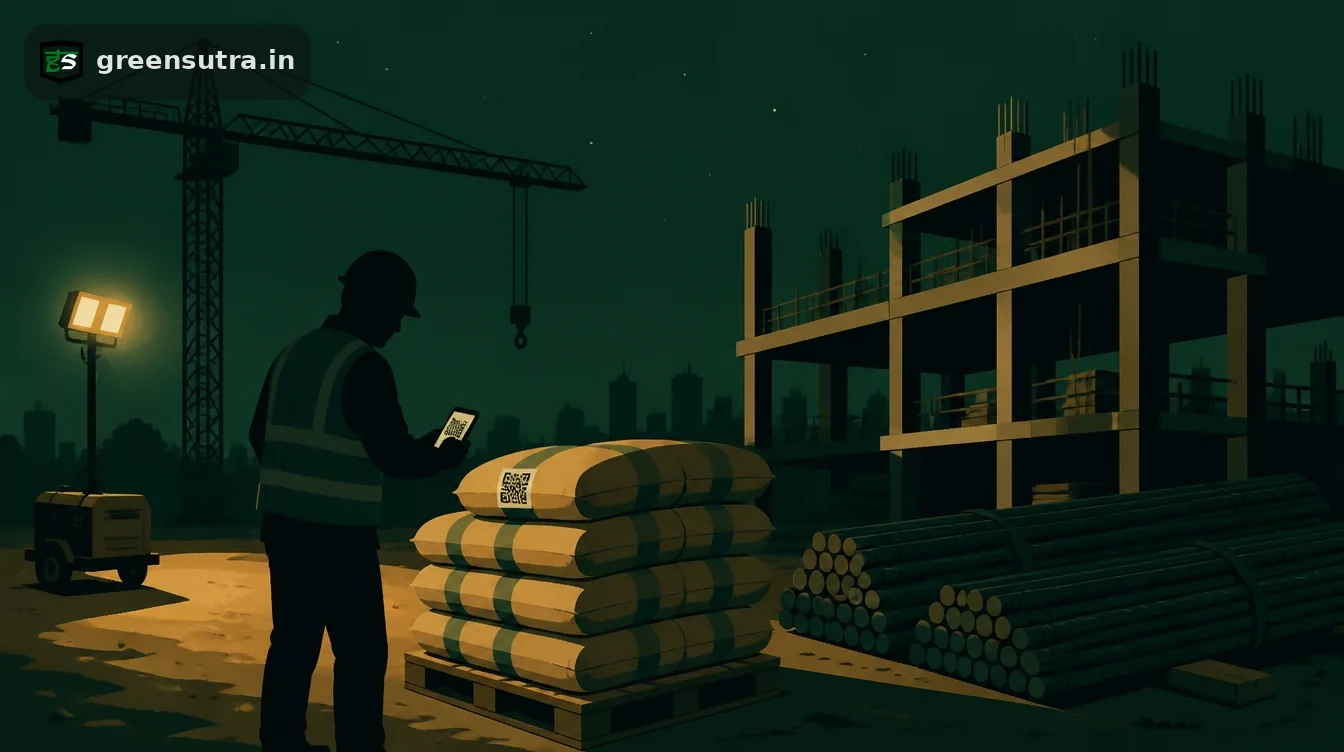 Site engineer scanning a QR code tag on cement bags beside rebar and a tower crane, ahead of a construction product passport